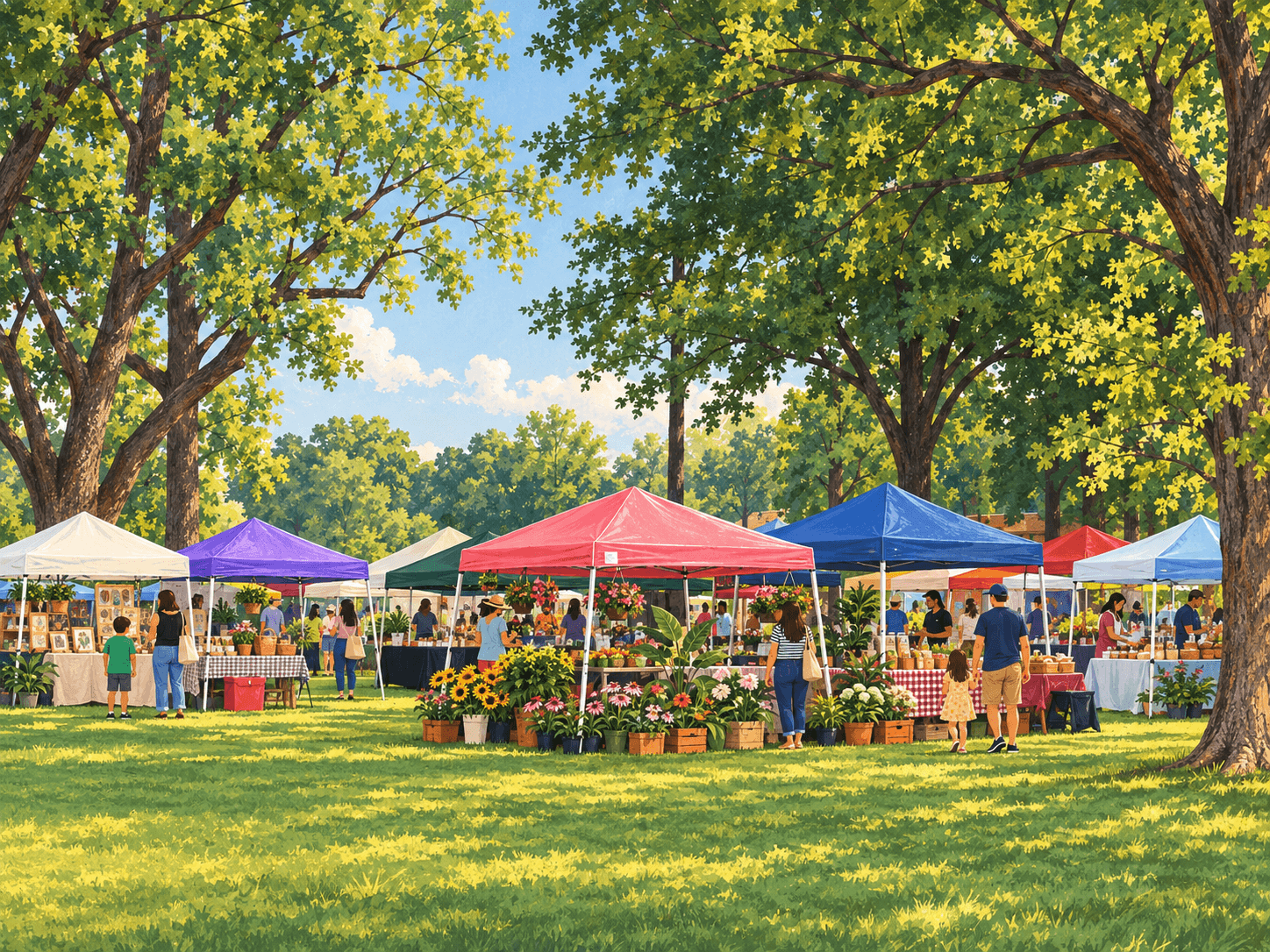 Illustration of families browsing colorful vendor tents at an outdoor community market