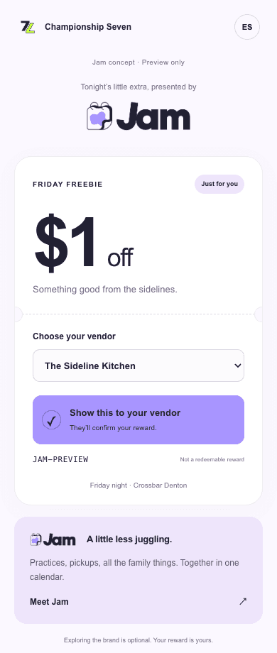 Jam-branded Friday Freebie app with a one-dollar vendor reward, lavender accents, and an optional invitation to explore Jam Family Calendar.